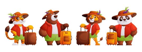 Set of cartoon animal travelers. A lion, a bear, a tiger, a panda in a summer red shirt, green shorts and a hat with feathers are holding a suitcase. Character ready for vacation, travel and summer. vector