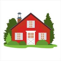 A red house with a chimney among trees, shrubs and a flower garden. A summer scene with a cottage in the middle of a blooming garden. vector