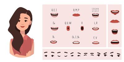 Business office woman avatar creation suitable for animation. Generator, constructor of diverse eyes, lips, emotion expressions mouth animation and lip sync. Woman character face construction. vector