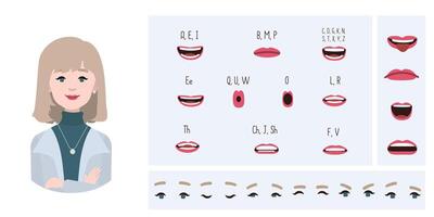 negocio oficina mujer avatar creación adecuado para animación. generador, constructor de diverso ojos, labios, emoción expresiones boca animación y labio sincronizar mujer personaje cara construcción. vector