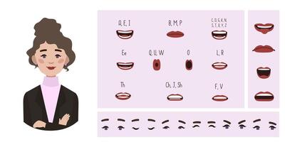 Business office woman avatar creation suitable for animation. Generator, constructor of diverse eyes, lips, emotion expressions mouth animation and lip sync. Woman character face construction. vector