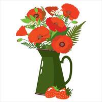 A bright bouquet of red poppies with forest flowers in a pot. Garden poppies in a green enameled teapot. Summer still life with poppy flowers in a vase and ripe strawberries. vector