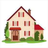 A beige house with a red tiled roof among trees, shrubs and a flower garden. A summer scene with a cottage in the middle of a blooming garden. vector