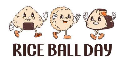 Rice ball day banner. Asian food event. Retro groovy onigiris smiling. vector