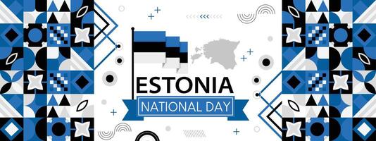 Estonia nacional día bandera con estonio bandera colores tema y geométrico resumen retro moderno azul negro antecedentes blanco diseño. vector