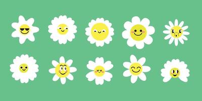 Groovy daisy flowers face collection. Retro chamomile smiles in cartoon style. Happy stickers set from 70s. vector