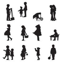 set of silhouettes of people with different activities on a white background vector