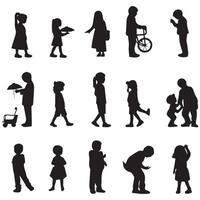 set of silhouettes of people with different activities on a white background vector