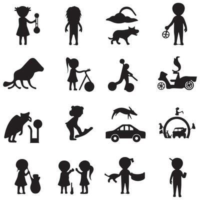 set of silhouettes of people with different activities on a white background