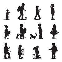 set of silhouettes of people with different activities on a white background vector