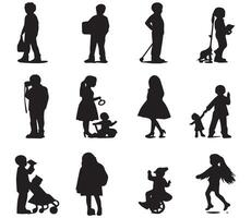 set of silhouettes of people with different activities on a white background vector