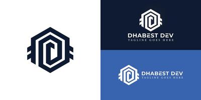 Abstract initial hexagon letter D or DD logo in deep blue color isolated on multiple background colors. The logo is suitable for cyber security and safety electronic devices logo design inspiration vector
