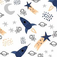 Hand-Drawn Space Pattern with Astronaut, Rocket, Stars, and Planets vector