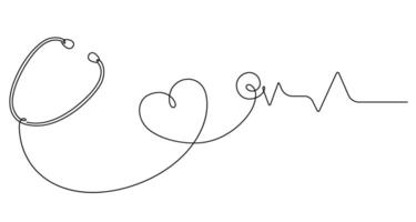 continuous line drawing of stethoscope with heart shape and pulse vector
