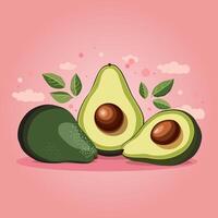 Fresh whole and half cut green avocado with leaves isolated on pink background. Side view clipart. Summer food illustration in flat style for design of card, banner, flyer, poster for party vector