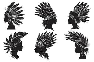 nativo americano indio tribal jefe pluma sombrero, mano dibujado nativo americano indio tocado, americano tribal jefe tocado plumas. vector