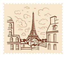 The Eiffel Tower in Paris with a postage stamp in the background of the city. Landmark of Paris. Linear illustration. Doodle style vector