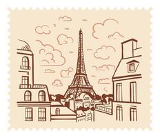 The Eiffel Tower in Paris with a postage stamp in the background of the city. Landmark of Paris. Linear illustration. Doodle style vector