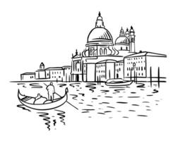 arquitectura de Venecia con un góndola en el agua. mano dibujado ilustración en garabatear estilo en blanco antecedentes vector