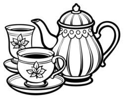 Black teapot and tea cup arrangement vector