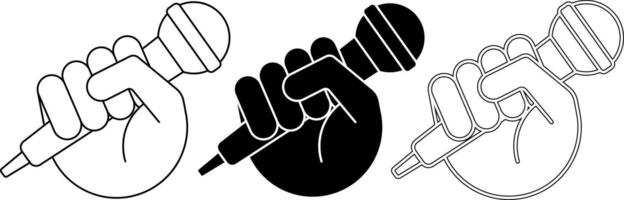 outline silhouette Hand holding microphone icon set vector