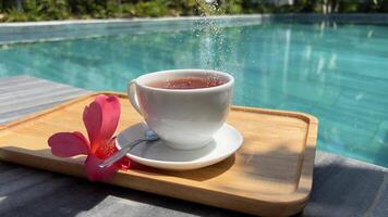 cerca arriba de taza de negro té en de madera mesa en calle café o restaurante terraza. joven hermosa mujer poniendo un té taza en platillo. descanso tiempo, romántico soleado día. video