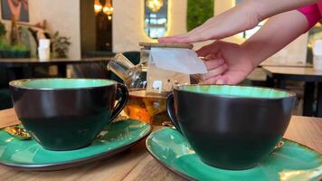 Pour tea into two cups Young woman hands holding thermos cup. pouring hot beverage to mug on picnic outdoors. Unrecognizable couple enjoying tasty drink on romantic weekend. Leisure together. video