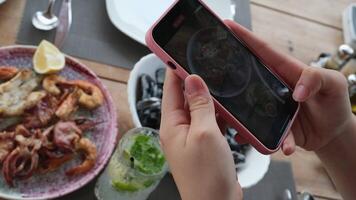 le fille prend des photos sur sa mobile téléphone Fruit de mer sur une assiette moules dans sucré et acide sauce dans crémeux Mojito video