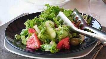 weiblich Hand setzt Kirsche Tomate Scheiben im ein Teller mit Salat video