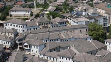 Gjirokaster Albania 05.03.2024 Fortress in Gjirokastra a huge stone building on a high mountain clock the history of the Middle Ages a beautiful view from the stone city to the ancient village video