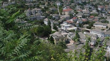 Gjirokaster Albania 05.03.2024 Fortress in Gjirokastra a huge stone building on a high mountain clock the history of the Middle Ages a beautiful view from the stone city to the ancient village video