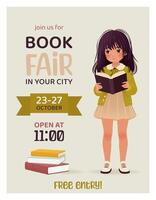 Book fair or festival vertical poster for advertising, promo, invitation, sale. Little girl with books. banner with text on background. Education and event concept. World book day. vector