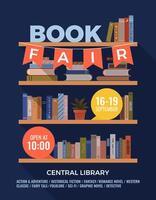 Book fair or festival vertical poster for advertising, promo, invitation, sale. Shelves with various books. multicolored banner. Education and fun event concept. World book day. vector