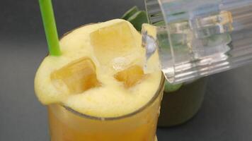 agregando hielo a un refrescante verano bebida con hielo y agrios frutas video