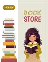 Vertical banner or landing page template for a library or bookstore app with a girl and a pile of books. A textured cartoon illustration of a little kid. An e-library, an e-book concept illustration. vector