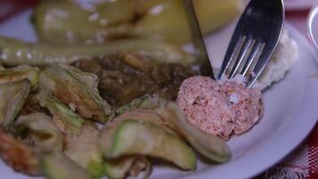 grillad zucchini, grillad paprikor middag i macedonia restaurang grillad grönsaker skära köttbulle kotlett med kniv och gaffel fetaost ost på vit tallrik video