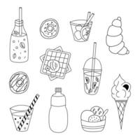 Summer drinks and desserts doodle set. Lemonades, cocktails, water bottle, ice cream, waffles, donuts, croissant, soda. Hand drawn illustration isolated on white background. vector