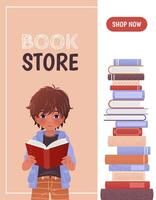 Vertical banner or landing page template for a library or bookstore app with a boy and a pile of books. A textured cartoon illustration of a little kid. An e-library, an e-book concept illustration. vector