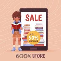 Online bookstore. Sale banner, vertical landing page template, e-books, online education concept, poster. Little boy with book standing near a big display with a pile of books. illustration. vector