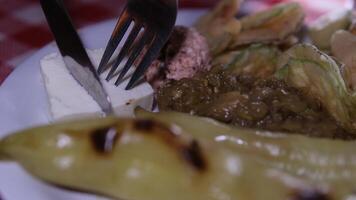 sur une plaque, grillé des légumes et feta fromage Couper avec une couteau et fourchette dans une portionné pièce à manger dans une restaurant albanais macédonien turc nourriture video