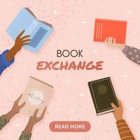 Book exchange or bookcrossing web banner. Education and knowledge concept, diverse human hands holding various books. Swap literature event, book club, World Book Day. illustration. vector