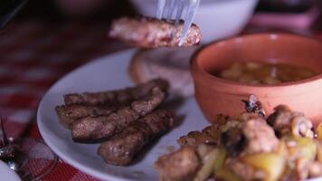 tremper Viande dans chaud sauce lula kebab est une traditionnel escalope fabriqué de haché agneau avec épices, il est mis sur une cracher et grillé plus de charbon video