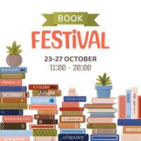 Book fair or festival square poster for advertising, promo, invitation, sale. Stack of various books and plants. multicolored banner. Education and fun event concept. World book day. vector