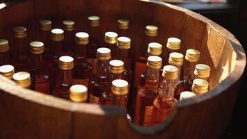 Cognac wine in a wooden barrel Beautiful serving of alcoholic drinks Winery In a wooden barrel video