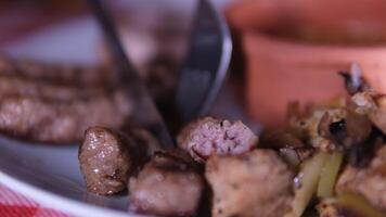 Schnitt saftig köstlich lula Kebab mit ein Messer und Gabel video