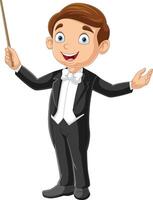 Cartoon boy conductor directing with baton vector