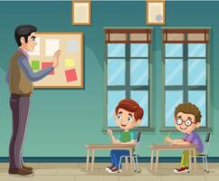 Cartoon students studying with teacher in classroom vector