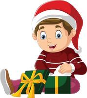 Cartoon little boy opening present box vector