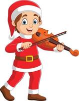 Cartoon little boy in red santa clothes playing a violin vector