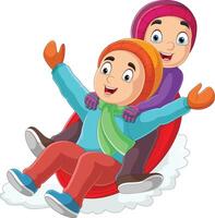 Cartoon two kids sledding down a hill vector
